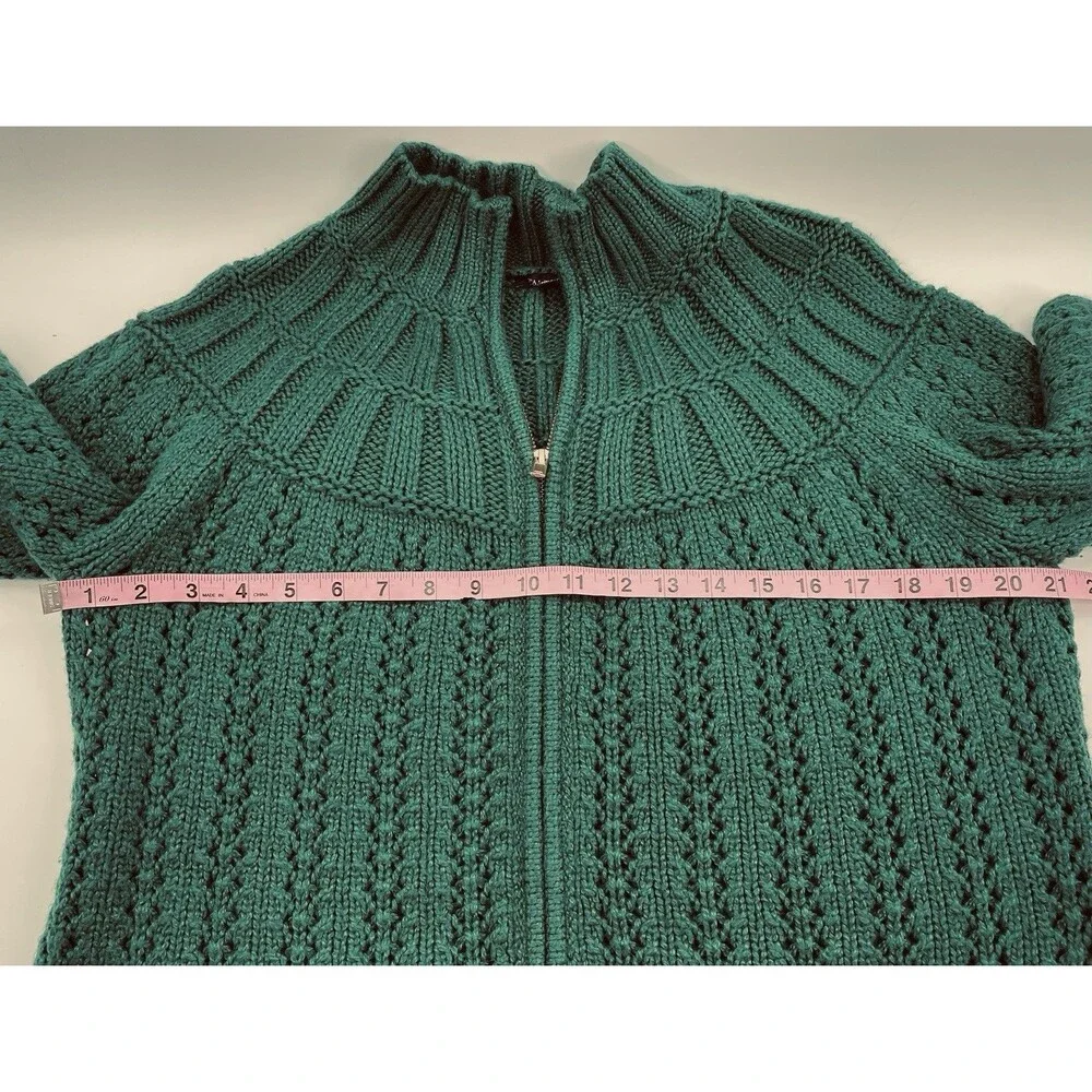 Talbots Women’s L Green Open Knit Full Zip Cardigan Sweater Textured Mock Neck
